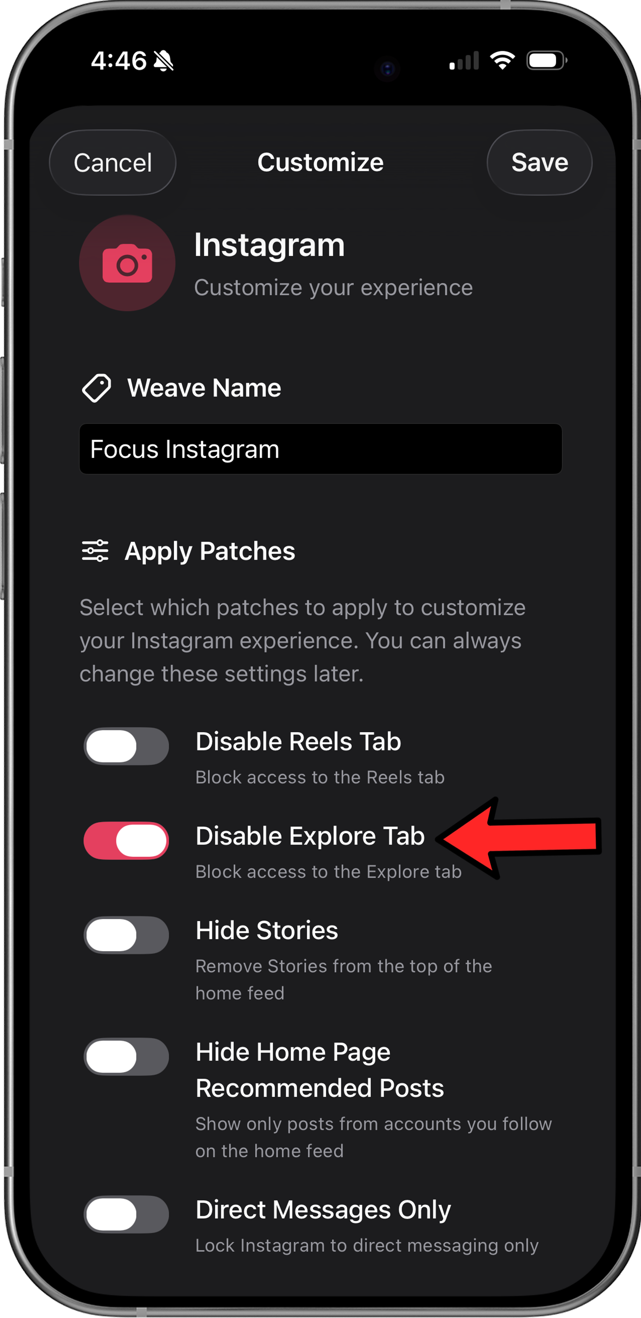 LoomWeb app showing the Hide Explore toggle for Instagram