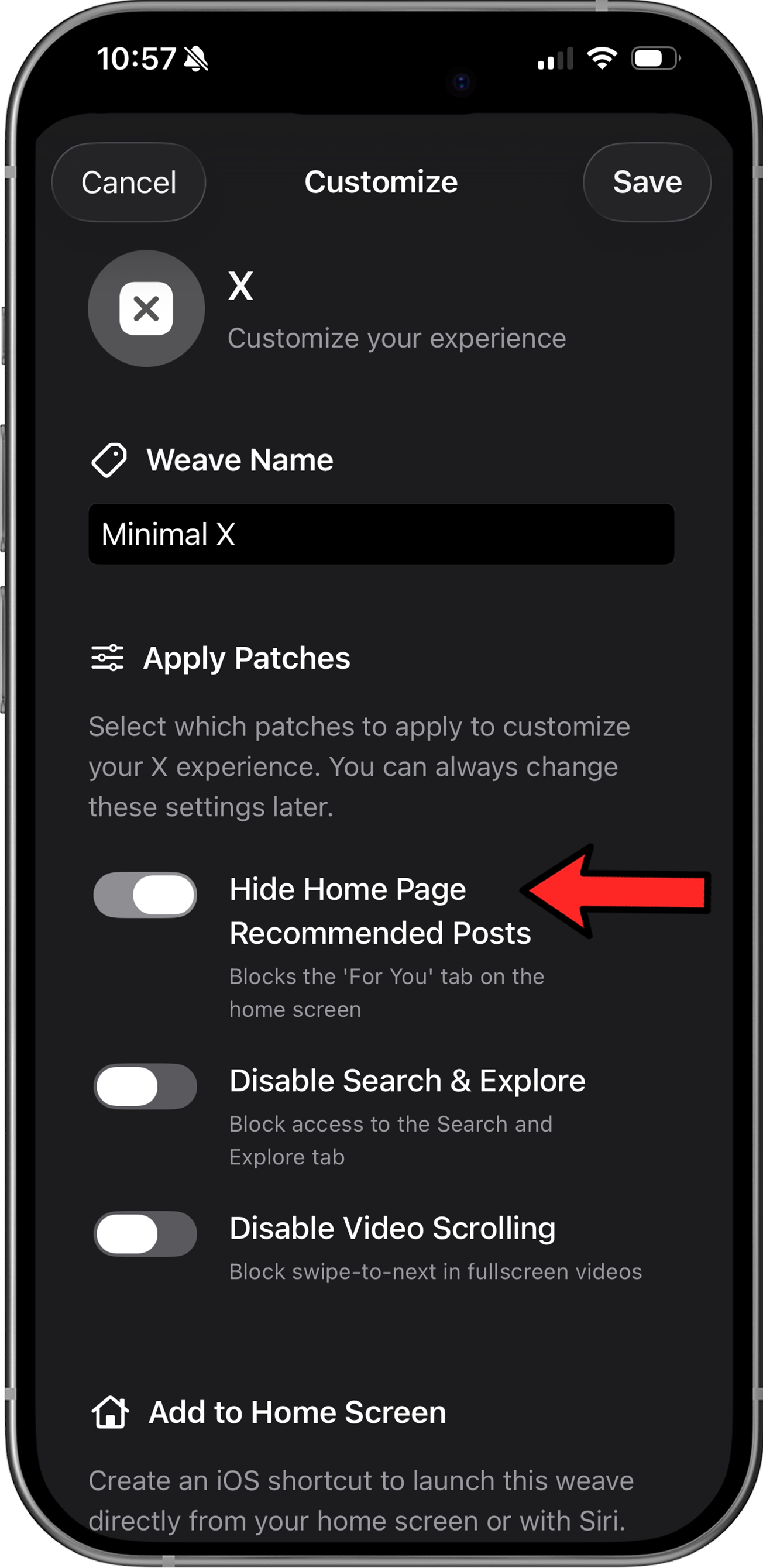 LoomWeb app showing the Hide For You Tab toggle for X