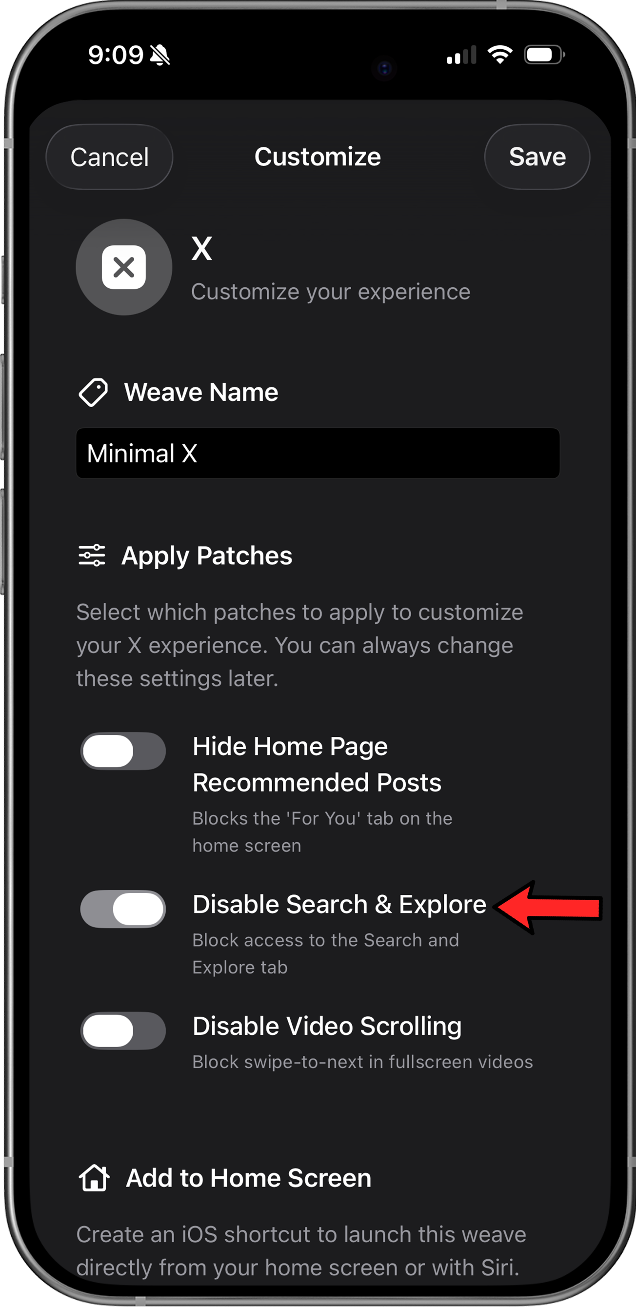 LoomWeb app showing the Hide Search and Explore toggle for X