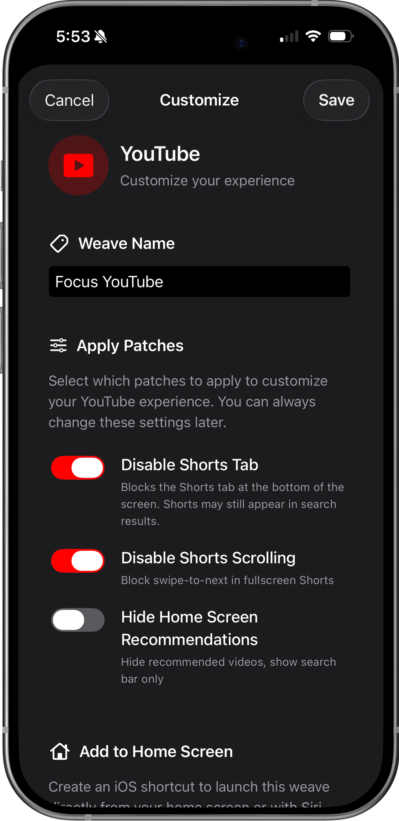 LoomWeb app showing the Hide Shorts toggle for YouTube