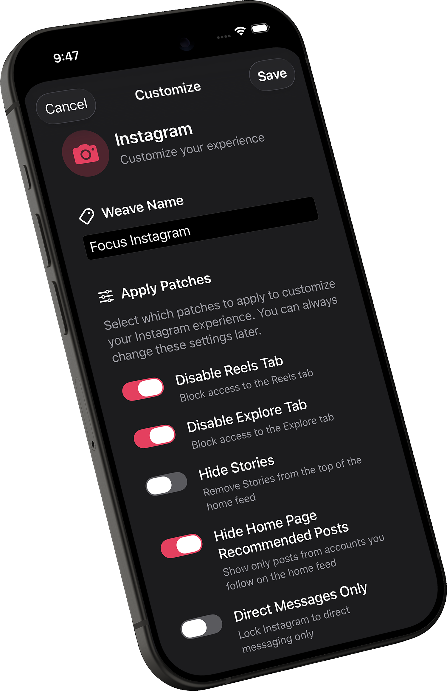 LoomWeb app interface on iPhone showing Instagram customization features