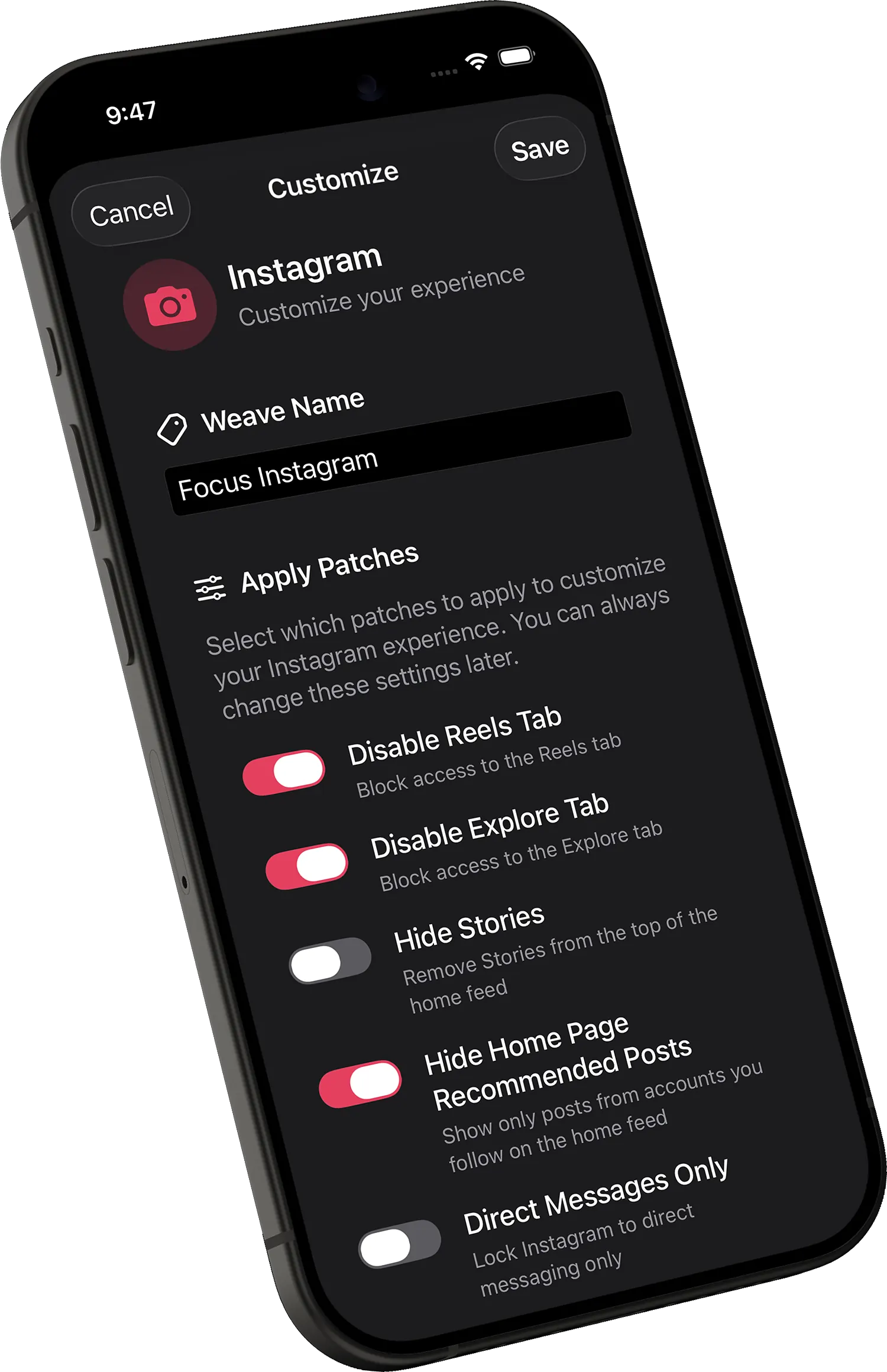 LoomWeb app interface on iPhone showing Instagram customization features